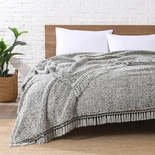Manta Sherpa de forro polar ultrasuave, tamaño Queen, manta de cama bohemia ligera y acogedora con borla decorativa, patrón reversible, 2 tonos