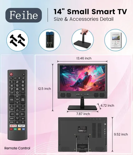 Miniatura 8 de Feihe 14 Pulgadas Pequeño Televisor Smart, Pantalla Plana LED HD Smart TV con Sintonizador ATSC/HDMI/USB/AV para Cocina, RV, Autocaravana