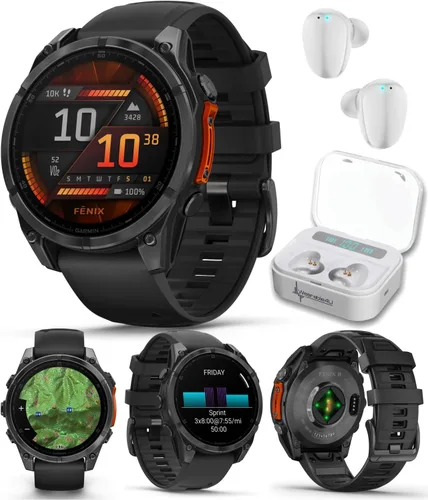Miniatura 35 de Garmin Fenix 8 – 2 pulgadas, reloj inteligente multideporte GPS AMOLED, zafiro, titanio con banda de silicona naranja brillante/grafito, linterna