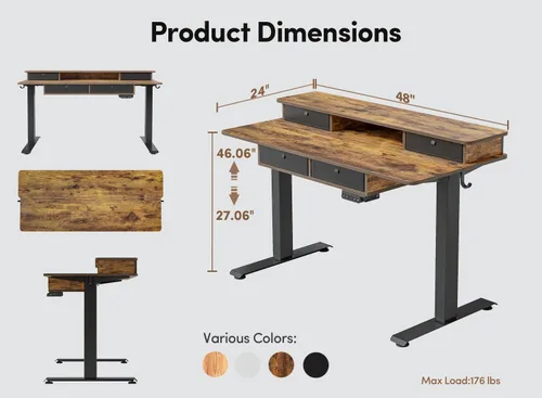 Miniatura 3 de BANTI Escritorio eléctrico de pie ajustable en altura con 4 cajones, mesa de 48 x 24 pulgadas con estante de almacenamiento, escritorio de pie