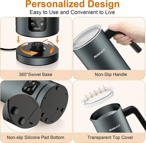Miniatura 6 de BIZEWO Espumador de leche eléctrico, vaporizador de leche caliente y fría, calentador de leche automático 4 en 1 de acero inoxidable con pantalla