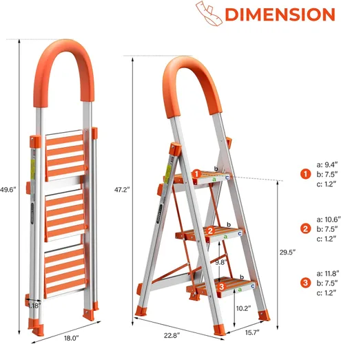 Miniatura 6 de LUISLADDERS Taburete de 3 escalones, escalera plegable ligera, de aluminio antideslizante con empuñadura de goma, capacidad de 350 lb, escaleras
