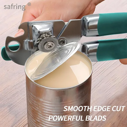 Miniatura 4 de Safring Abrelatas manual, de mano de acero inoxidable resistente y resistente, mango cómodo, borde liso de hoja afilada, abrelatas con abrebotellas
