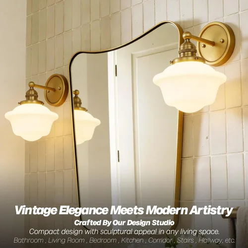 Miniatura 2 de Aplique de Pared Dorado, Luz Vintage para Tocador de Baño, Modernos Apliques de Vidrio Esmerilado Blanco Lechoso, Luces de Pared de Latón para Sala