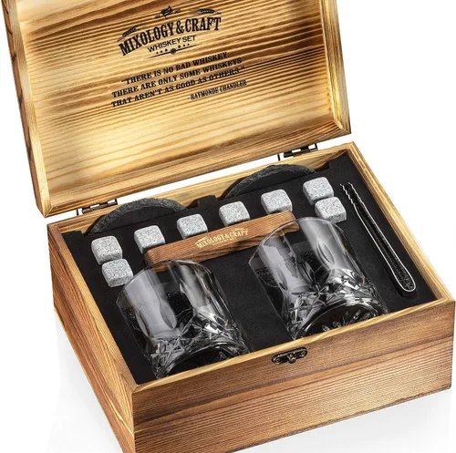 Miniatura 2 de Mixology & Craft Juego de vasos de whisky para hombre, 13 piezas con paquete de 2 vasos de corte de diamante con 8 piedras de granito, 2 posavasos