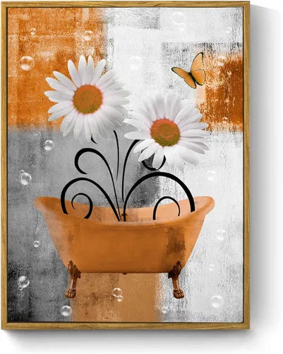 Miniatura 22 de HVEST Arte de pared retro floral morado para sala de estar, casa de campo, margaritas y mariposas en lienzo geométrico abstracto, arte de pared