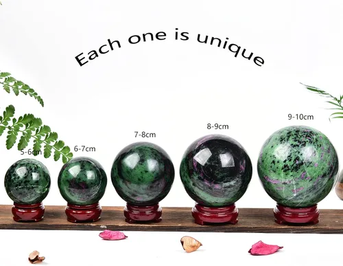 Miniatura 4 de JIC Gem Esfera grande de piedra preciosa de rubí zoisita bola de cristal curativa esfera de cristal rojo y verde con soporte de madera bola