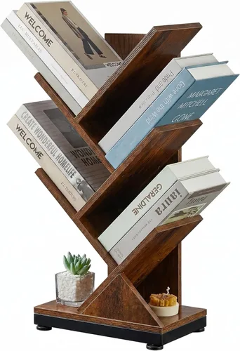 Miniatura 13 de ruboka - Estantería de árbol de 5 estantes, estantería de pie de 5 niveles para CDs/Revista/Libros, pequeño organizador de libros para dormitorio