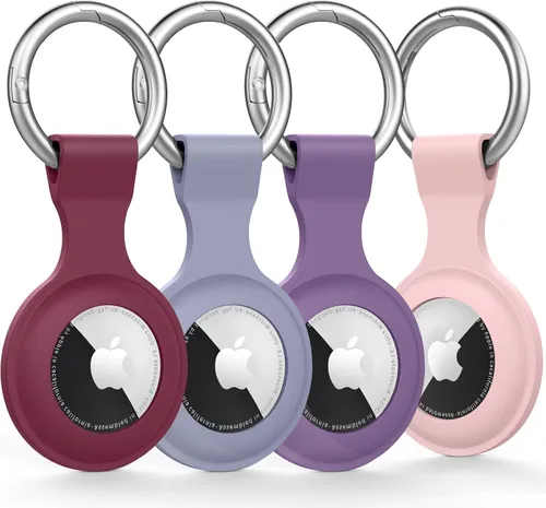 Apple AirTag - Paquete de 4 fundas antipérdida con llavero, funda protectora antiarañazos (rosa, rojo vino, morado, azul gris)