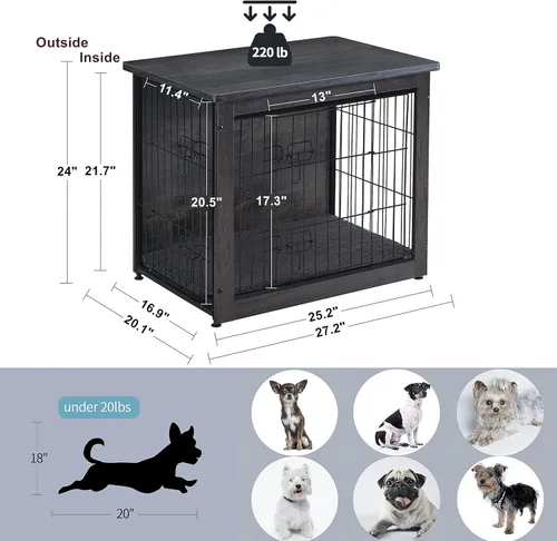 Miniatura 6 de DWANTON Mueble de jaula para perros con cojín, mesa de madera para perros con puertas dobles, casa de perro de interior, tamaño pequeño, mediano