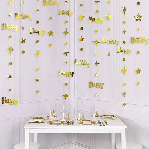 Miniatura 5 de Decoraciones doradas de feliz cumpleaños con diseño de círculos de feliz cumpleaños, guirnalda de estrellas centelleantes metálicas, para colgar