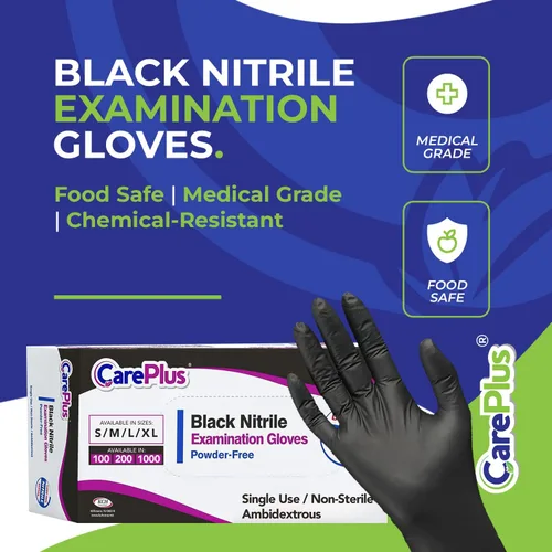 Miniatura 2 de CARE PLUS Guantes de nitrilo para uso médico, sin polvo ni látex, negro/azul, S, M, L, XL - 100, 200, 1000