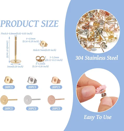 Miniatura 2 de Craftdady Juego de 60 aretes de acero inoxidable de 0.197 in, dorados, plateados, dorados, plateados, aretes en blanco, kit de fabricación