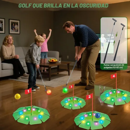 Miniatura 3 de Juego de golf iluminado VATOS - Mini juguete de golf con brillo con 4 agujeros LED, 4 bolas (2 brillantes), putter extensible, construye tu propio