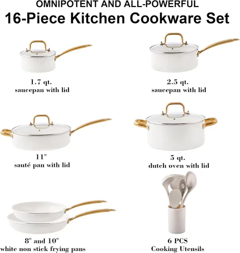 Miniatura 2 de Juego de Utensilios de Cocina de Cerámica, VONIKI Juego de 16 Piezas de Ollas y Sartenes Antiadherentes, Juegos de Utensilios de Cocina con Set