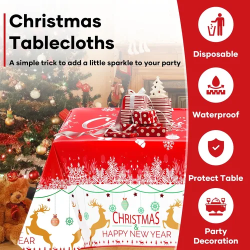 Miniatura 5 de Paquete de 3 manteles navideños desechables de plástico, manteles de mesa navideños rectangulares rojos para fiestas, con estampado de árbol