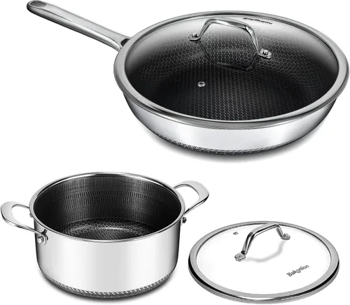 Miniatura 14 de Cacerola híbrida antiadherente de 1.5 cuartos de galón con tapa, olla de panal de acero inoxidable con dos boquillas de vertido, compatible