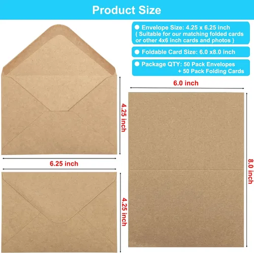 Miniatura 2 de Paquete de 50 tarjetas y sobres en blanco de 4 x 6, tarjetas de felicitación y sobres, tarjetas de felicitación en blanco marrones, cartulina