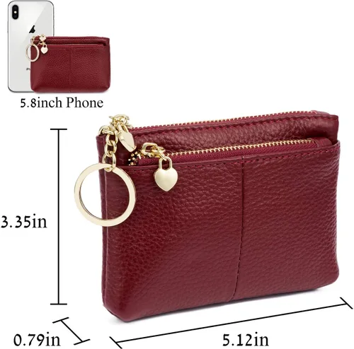Miniatura 5 de ZOOEASS Mini monedero con cremallera de cuero genuino para mujer, con llavero con triple cremallera, tarjetero