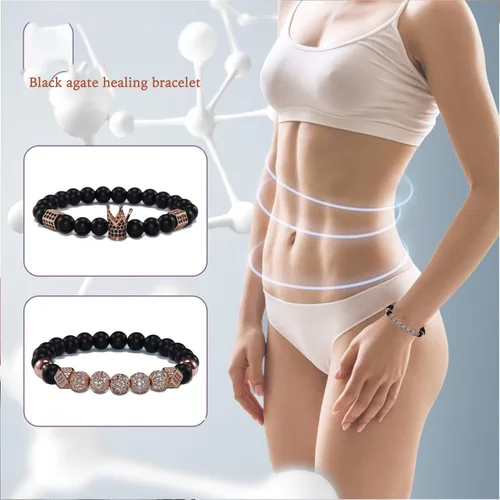 Miniatura 5 de YuziJewy 2 pulseras de cuentas de corona para hombres y mujeres, pulseras de cuentas de ágata negra de 0.315in, pulsera de piedra de ágata negra