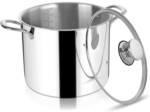Herogo Olla de 10 cuartos de galón, olla grande de acero inoxidable 18/10 con tapa, olla de pasta de metal de 10 cuartos de galón para sopa de