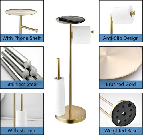 Miniatura 3 de Soporte de rollo de papel higiénico de pie con reserva de almacenamiento, Soporte de papel higiénico dorado cepillado con estante, Soporte de piso