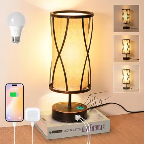 Miniatura 8 de Lámparas de mesa de ratán para sala de estar, lámparas táctiles regulables de 3 vías, lámparas de noche pequeñas con bombillas LED, soporte