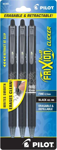 PILOT FriXion Clicker - Bolígrafos de tinta de gel borrables, recargables y retráctiles, punta fina 0.7 mm, tinta negra, paquete de 3 - Ideal para