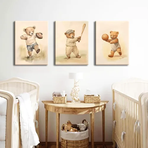 Miniatura 4 de Conjunto de 3 cuadros de arte de pared de osos de rugby deportivos para guardería – Cuadros de osos bebés vintage bonitos, pinturas, pósteres