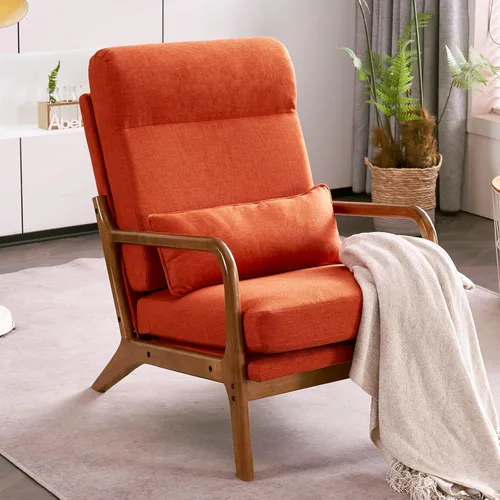 Miniatura 10 de Silla decorativa con cojín, moderno sillón tapizado de mediados de siglo, sofá de lectura individual, respaldo alto con tela de lino + marco