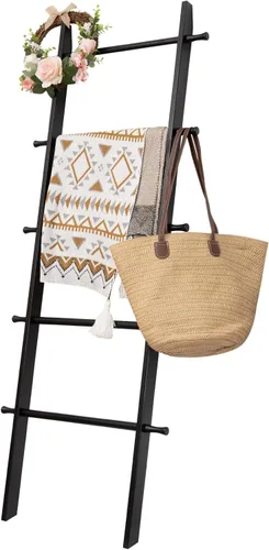 Miniatura 14 de Escalera para Mantas de 6 Niveles – Perchero de Edredones de 5.5 Pies (1.68 m) para Apoyar en la Pared, Almacenamiento de Mantas Estilo Granja