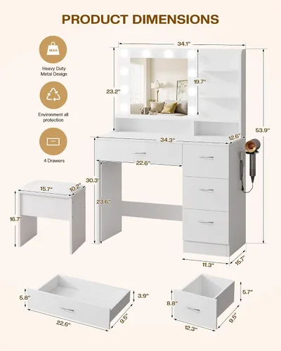 Miniatura 3 de LIVELYGLOW Tocador de maquillaje blanco con espejo HD y 10 bombillas LED, tocador de 34.3 pulgadas con estación de carga, 4 cajones, estante