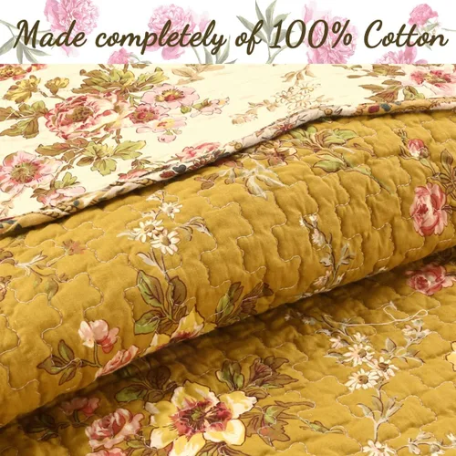 Miniatura 3 de Cozy Line Home Fashions Perry - Juego de ropa de cama vintage reversible de 100% algodón con estampado floral de mostaza y amarillo