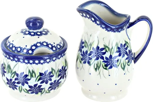 Miniatura 5 de Set de crema y azúcar de flor de manzana y cerámica polaca de rosa azul