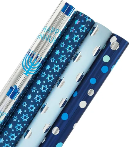 The Dreidel Company Paquete de 4 Papel de Regalo con Diseño Temático de Hanukkah, Rollo de Chanukah de 17.5" X 180" (15 Pies) Pulgadas Hoja Papel de
