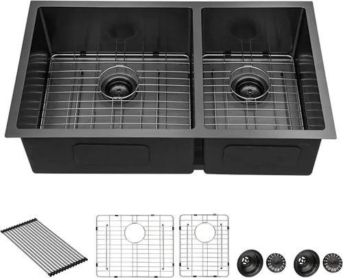 Miniatura 14 de Sarlai 28 Fregadero de cocina bajo encimera de doble tazón - Fregadero bajo encimera de acero inoxidable de 28x19 pulgadas de calibre 16, con repisa