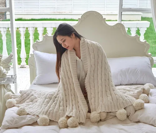 Miniatura 3 de Manta de punto de felpilla gruesa con 14 piezas con pompones, súper suave, acogedora y cálida, para sofá y cama, sofá suave, 50 x 60 pulgadas