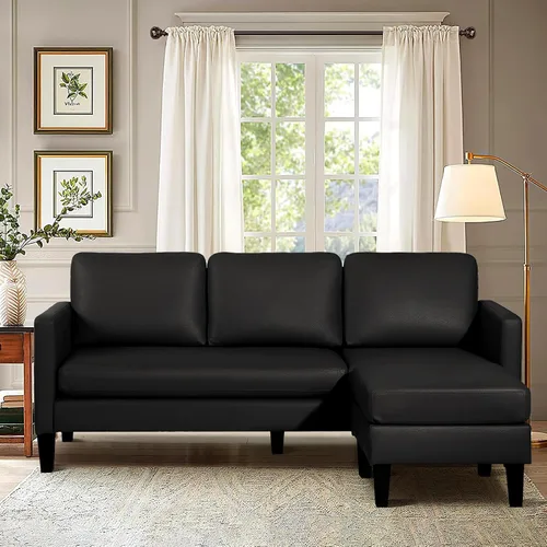 Miniatura 9 de Grepatio Sofá modular convertible, sofá en forma de L de 3 asientos con tela de lino moderna para espacio pequeño y sala de estar (negro)
