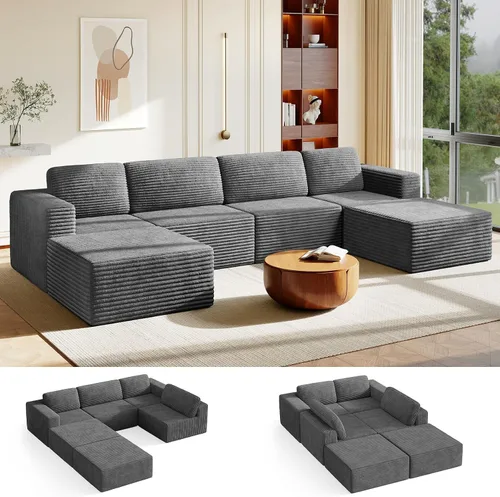 Miniatura 12 de Vesgantti Sofá modular en forma de U de 119 pulgadas, sofá modular de pana con asiento profundo y soporte de resortes, sofá convertible con 2 Beige