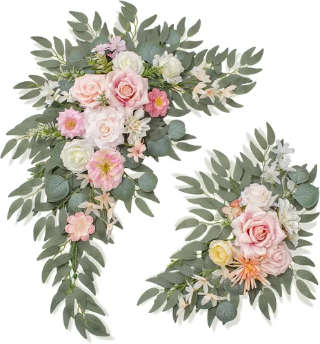 Miniatura 14 de Letreros florales de bienvenida de boda (paquete de 2), flores de arco de boda para decoración de boda y decoración de fondo de recepción (azul)