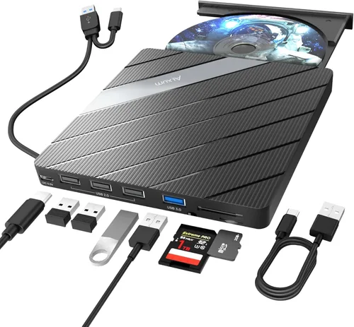 Alxum Unidad externa de CD y DVD para portátil, 8 en 1, grabadora regrabadora de CD y DVD portátil con múltiples puertos, compatible con velocidad