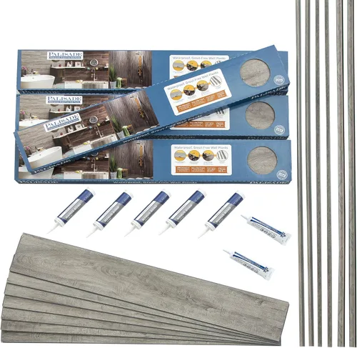 Palisade Kit envolvente de ducha y bañera de 46.7 pulgadas x 7.2 pulgadas de tablones de vinilo entrelazados en roble gris