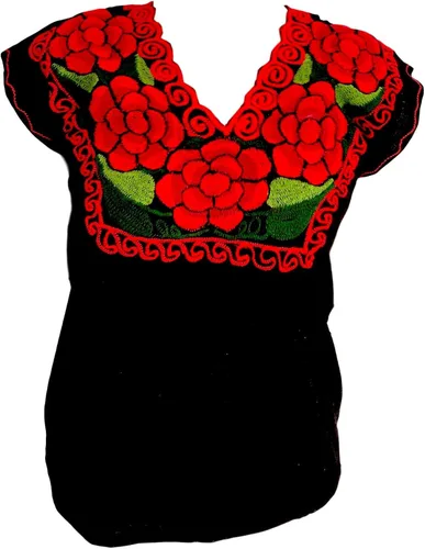 Casa Fiesta Designs Blusa mexicana floral - Auténtica blusa bordada de Chiapas, hecha a mano, color negro con flores rojas, Negro