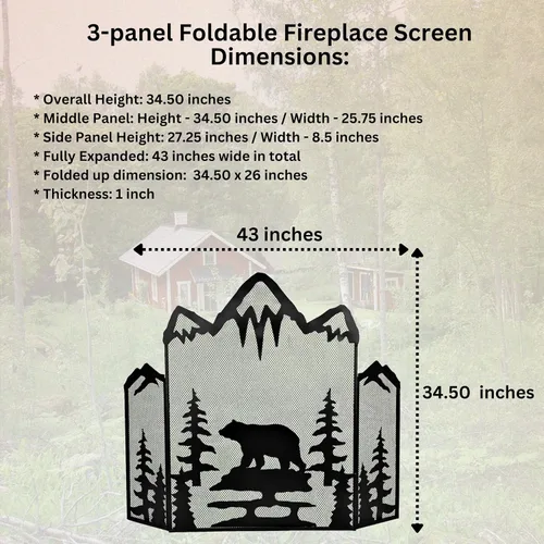 Miniatura 2 de BestGiftEver Pantalla decorativa para chimenea de 3 paneles con un majestuoso oso de montaña, cubierta de chimenea independiente de malla metálica