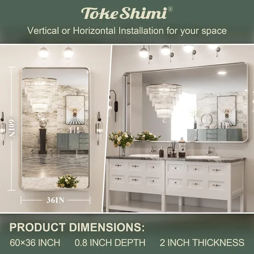Miniatura 2 de TokeShimi - Espejo rectangular para pared de baño, con marco de metal de latón cepillado, esquinas redondeadas, se cuelga horizontal o Plata