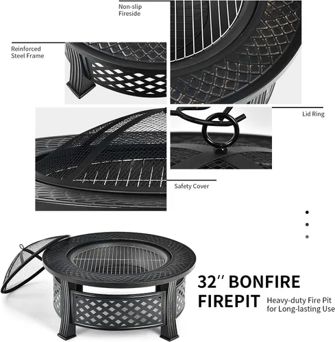 Miniatura 4 de Giantex Pozo de fuego 3 en 1, hoguera de leña al aire libre de 32 pulgadas, estufa redonda multifuncional, cuenco de metal con tapa, hoguera