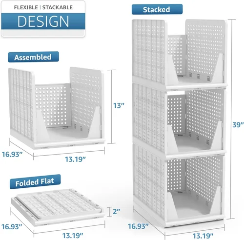 Miniatura 6 de Sorbus Cestas organizadoras apilables para estantes, organizador de armario de plástico para ropa, despensa, baño, cocina y garaje, contenedores