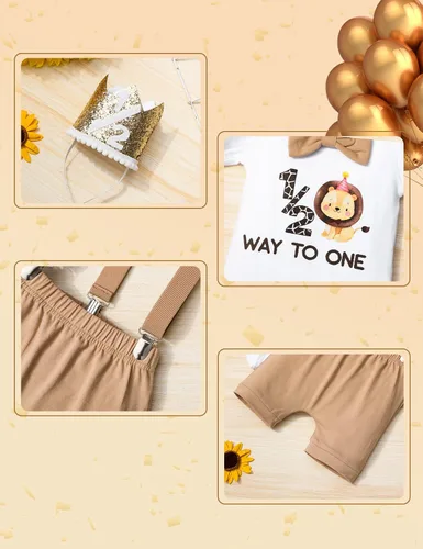 Miniatura 6 de DONWEN Conjunto de ropa de medio cumpleaños para bebé niño 12 Way to One con corbatín y tirantes cortos