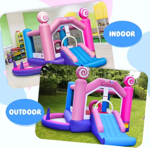 Miniatura 9 de OLAKIDS Inflatable Bounce House, Kids Pink Jumping Castle with Slide, Ball Pit, Climbing Wall, Basketball Rim, Indoor Outdoor Inflatable Obstacle