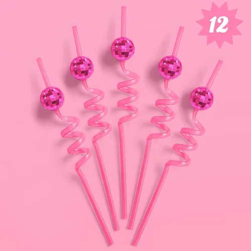 Miniatura 5 de xo, Fetti Juego de pajitas espirales de bola de discoteca rosa, 12 piezas, decoraciones de fiesta de cumpleaños, regalo de fiesta de club de poni